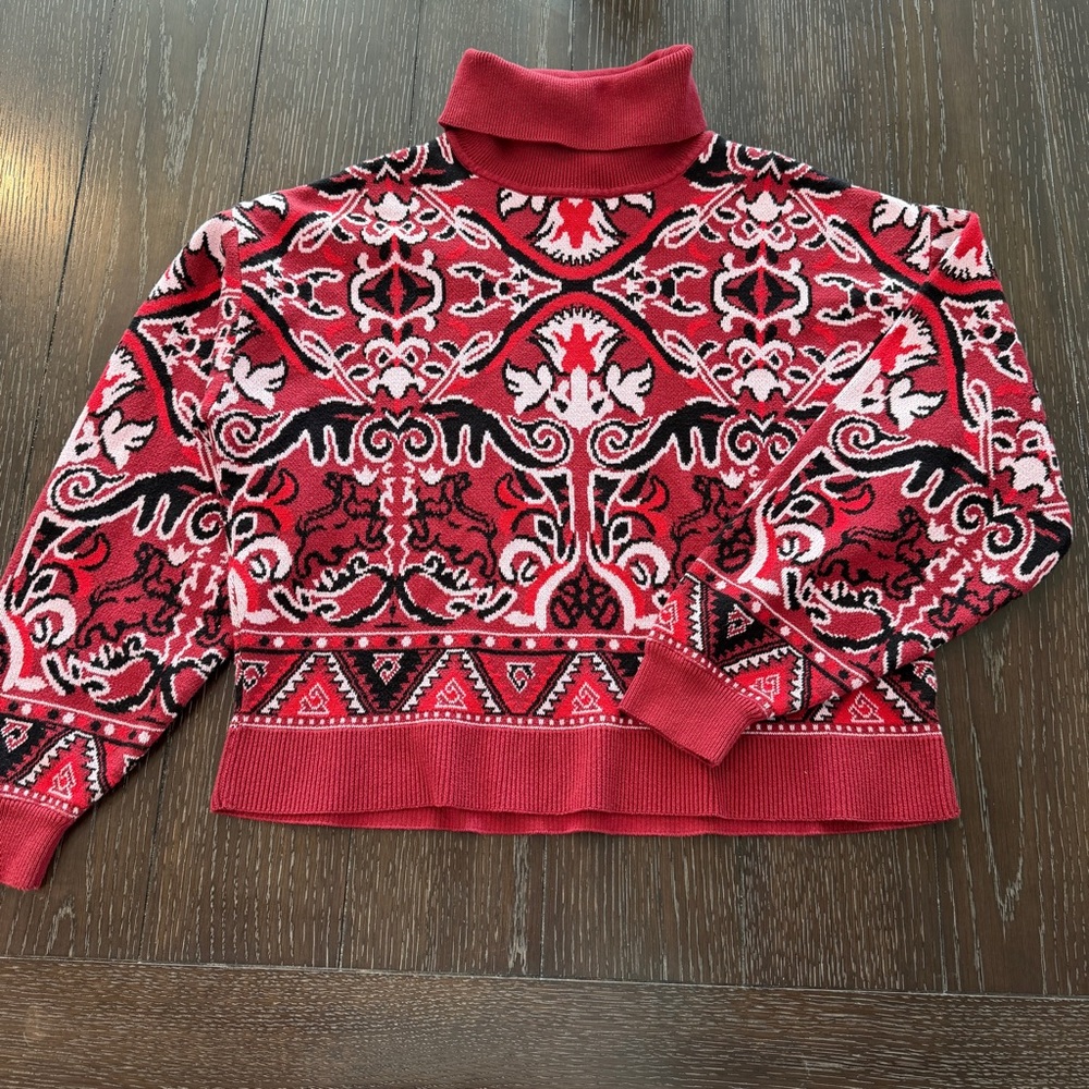 Chelsea & Violet Red Patterned Turtleneck Sweater Boho Fair Isle Knit Size M